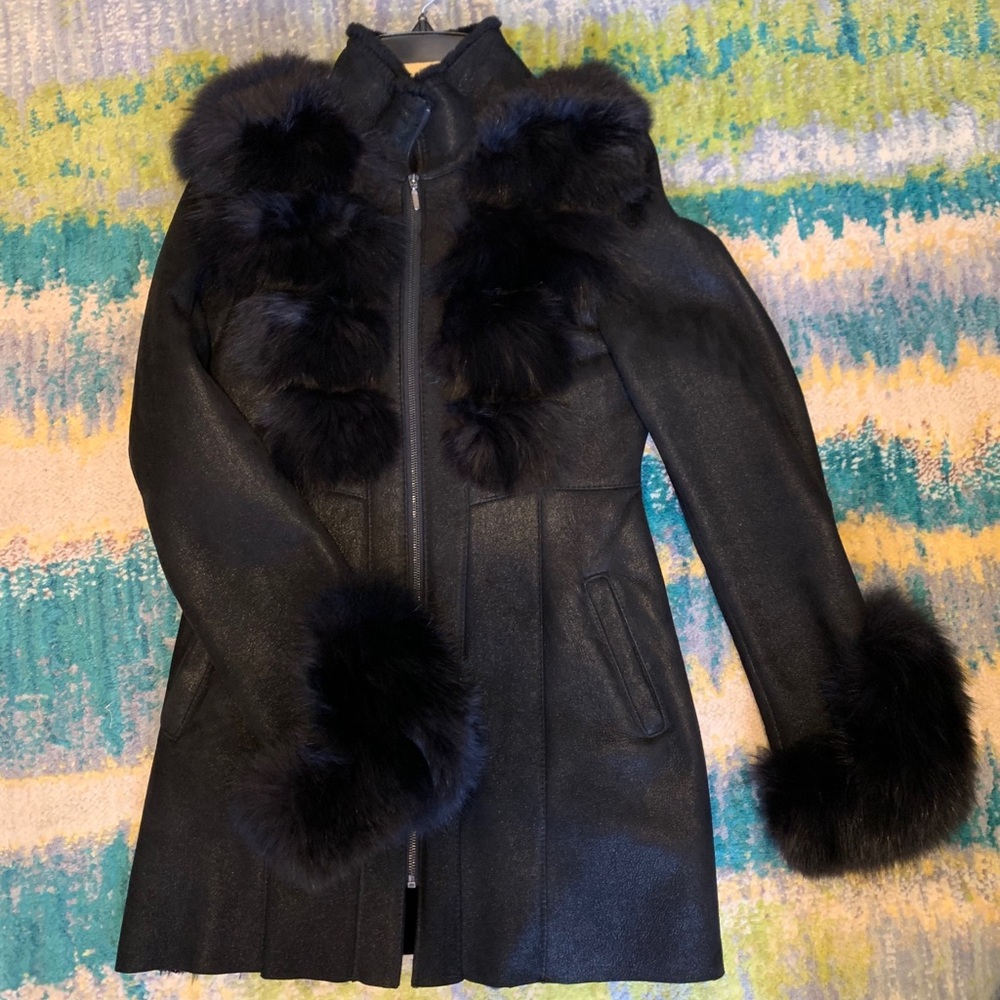Lambskin Suede Leather Coat with Fox Fur Trim